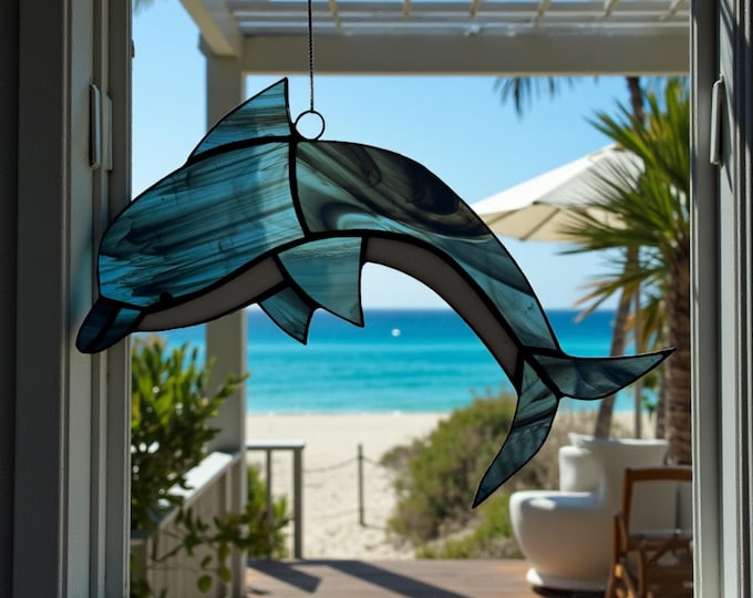 NEW Large Blue Dolphin Stained Glass Window Sun catcher Garden and Patio Decor