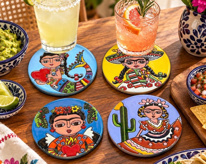 Inspired Frida Kahlo Terracotta Coaster Set  / Traditional Mexican Kitchenware and Utensils by Latin Nomad.