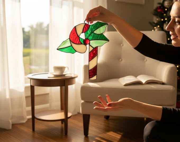 Candy Cane and Mistletoe Christmas Stained Glass Window Suncatcher