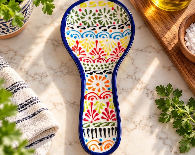 Blue Multicolored Ceramic Talavera Spoon Rest / Traditional Mexican Kitchenware and Utensils by Latin Nomad.