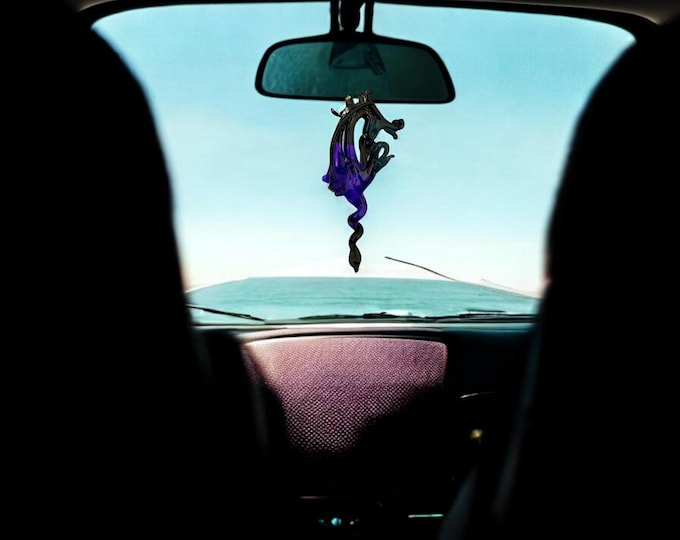 Purple and Black Dragon handblown glass art, rear-view mirror car accessories