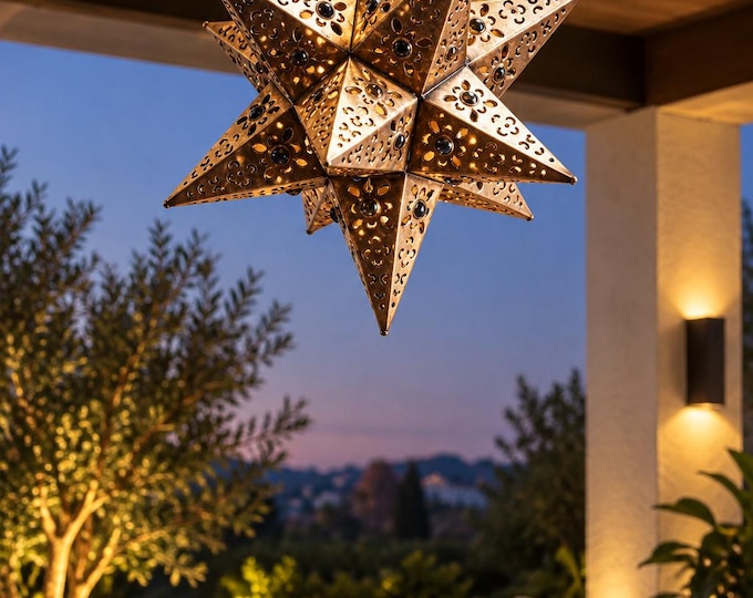 Dark Bronze Moravian Metal Pierced Star Pendant Light Fixture with colorful glass marbles