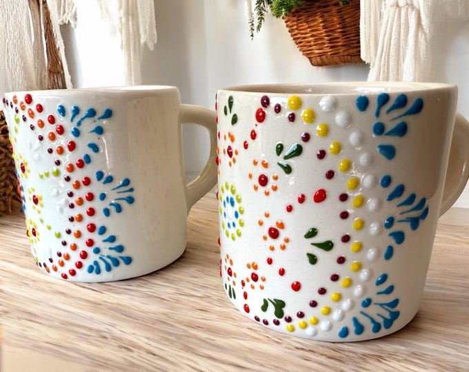 2 pcs Multicolored Mandala Ceramic Talavera Coffee Mug / Traditional Mexican Kitchenware and Utensils by Latin Nomad.