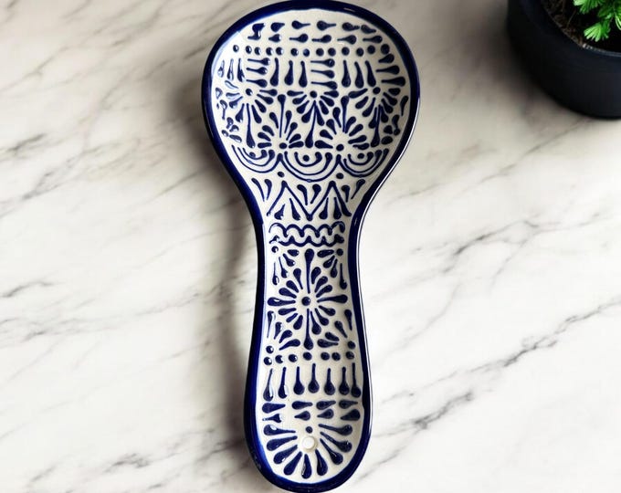 Blue and White Ceramic Talavera Spoon Rest / Traditional Mexican Kitchenware and Utensils by Latin Nomad.