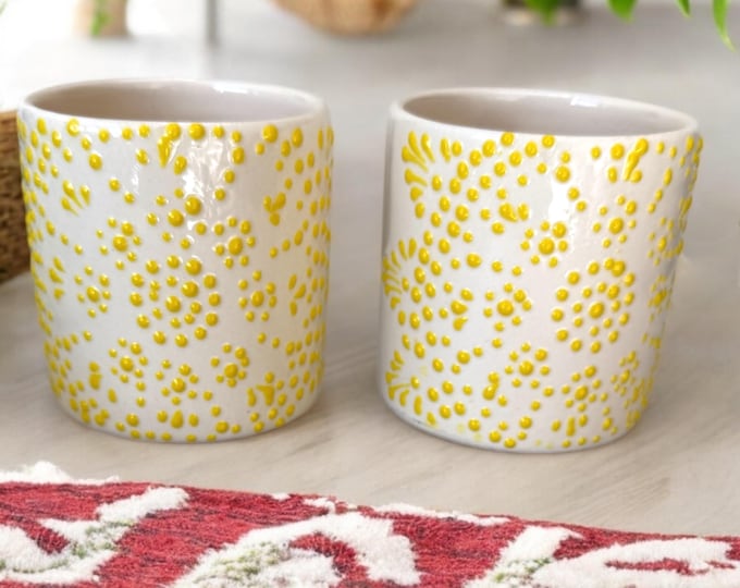 2 pcs Yellow Mandala Ceramic Talavera Coffee Mug / Traditional Mexican Kitchenware and Utensils by Latin Nomad.