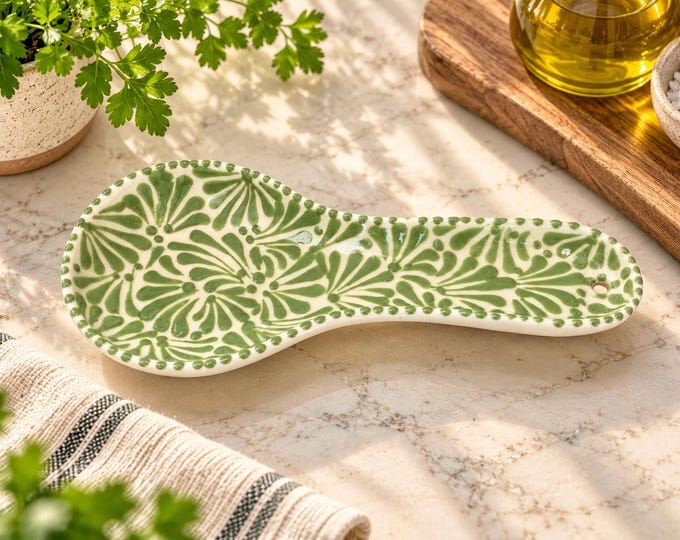 Green Talavera Ceramic Talavera Spoon Rest / Traditional Mexican Kitchenware and Utensils by Latin Nomad.