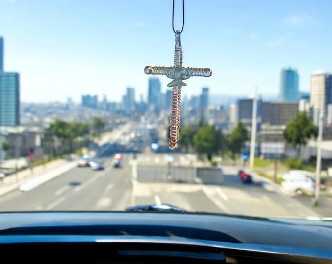 NEW Religious Cross with a Dove handblown glass art, rear-view mirror car accessories
