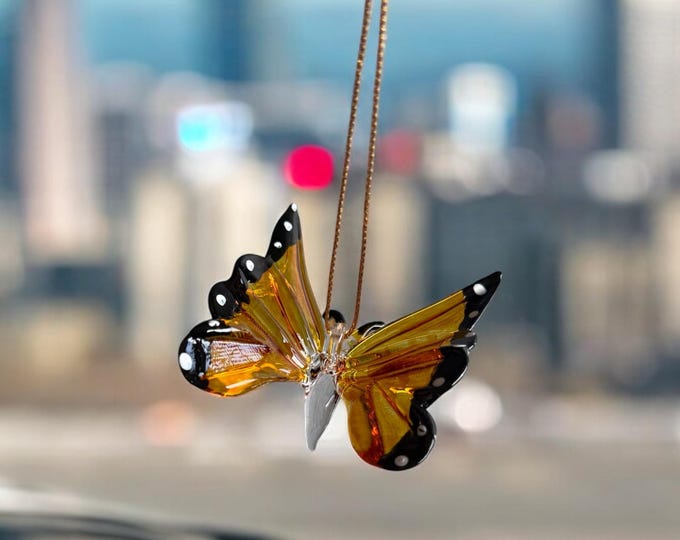 Monarch Butterfly handblown glass art, rear-view mirror car accessories