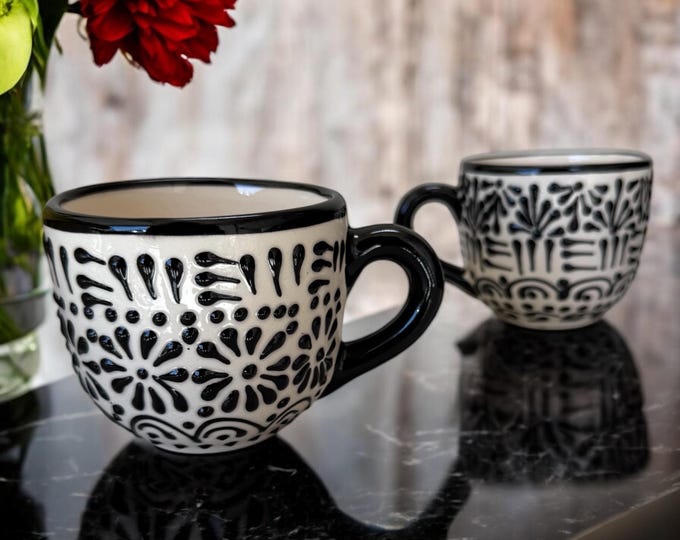 2 pcs White and Black Ceramic Talavera Coffee Mug / Traditional Mexican Kitchenware and Utensils by Latin Nomad.
