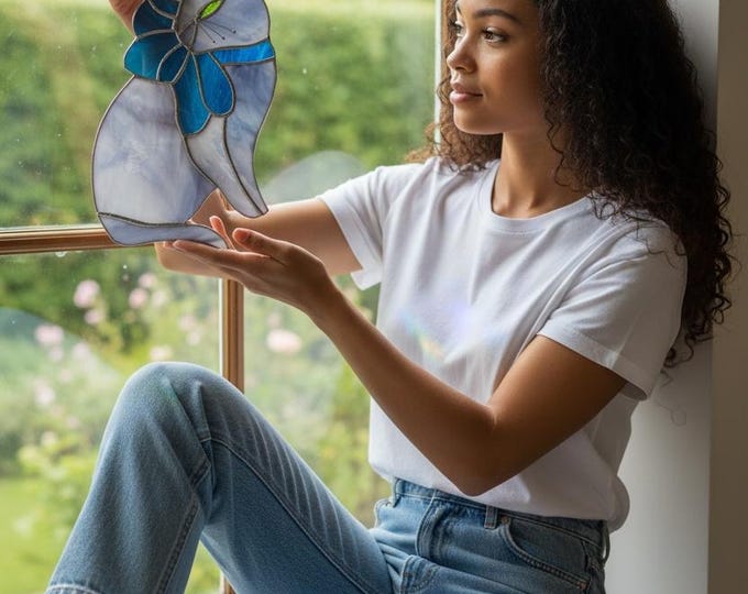 Gray Cat with Large Bow in Stained Glass Window Suncatcher