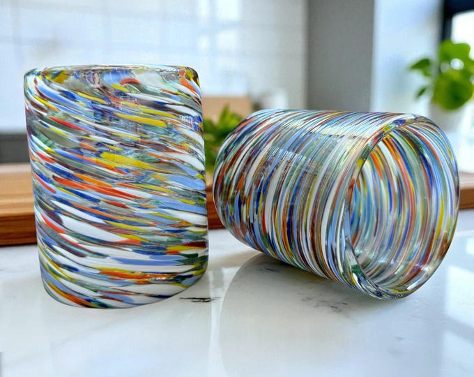 Confetti Swirl Multicolored Highball Glass Set of 4 pieces, Hand blown Juice Glass 16 oz