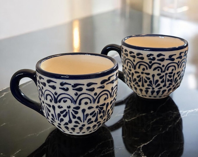 2 pcs White and Blue Ceramic Talavera Coffee Mug / Traditional Mexican Kitchenware and Utensils by Latin Nomad.