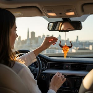 May include: An orange glass bull skull car charm with brown horns hangs from a car's rearview mirror. The charm is suspended by a thin gold string. The background shows a city skyline.