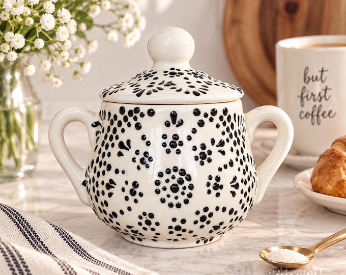 Ceramic Sugar-Coffee Container / Black and White Mandala Kitchenware and Utensils by Latin Nomad.