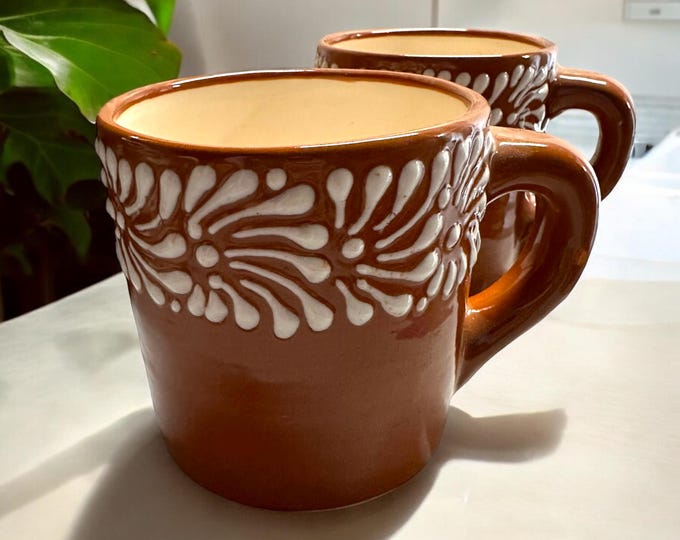2 pcs Ceramic Talavera Coffee Mug in Terracotta and Ivory Color / Traditional Mexican Kitchenware and Utensils by Latin Nomad.
