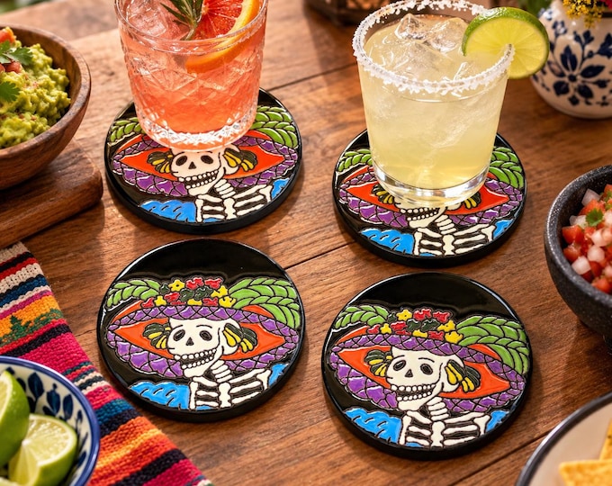Katrina Catrina Terracotta Coaster Set  /  Day of the Dead / Dia de Muertos Traditional Mexican Kitchenware and Utensils by Latin Nomad.