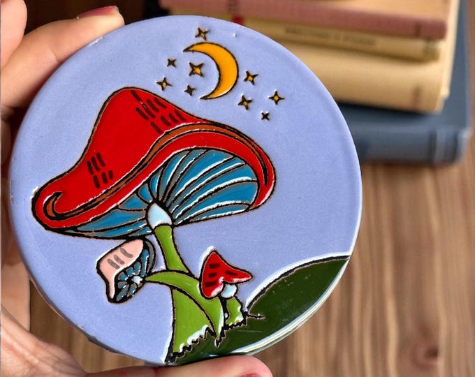 Bohemian Mushroom and Moon Terracotta Coaster Set  / Traditional Mexican Kitchenware and Utensils by Latin Nomad.