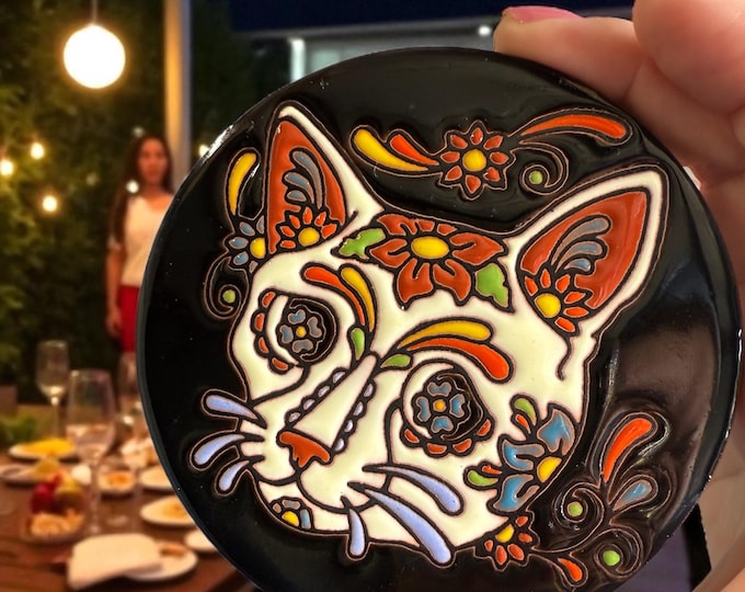 Skull Catrina Cat Terracotta Coaster Set  / Traditional Mexican Kitchenware and Utensils by Latin Nomad.