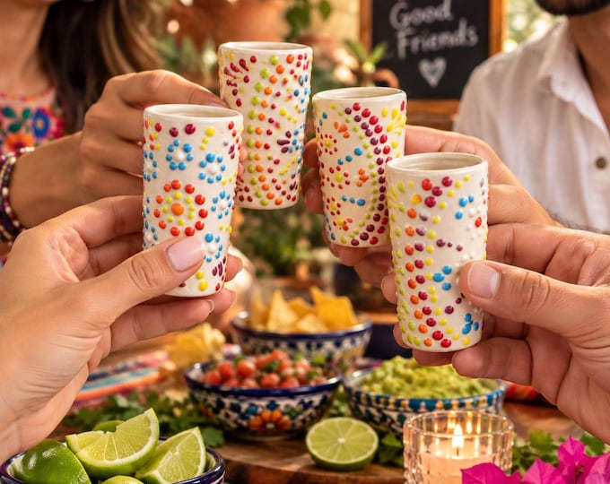 Ceramic Tequila Shot Glass in Mandala Multicolor, Glassware and Kitchenware by Latin Nomad.