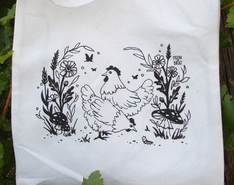 Happy Chickens Tote Bag cottagecore market bag reusable shopping bag grocery mushrooms floral goblincore farm nature wildflower witch garden