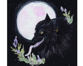 Werewolf Art Print 5 x 7 Watercolor Print art dark fantasy wolf horror gothic art animal illustration witch moon flowers botanical full moon