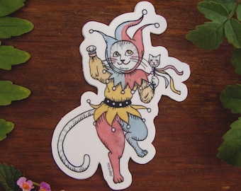 Jester Cat Sticker medieval cat art vinyl sticker dnd fantasy bard clown animal illustration funny cat sticker