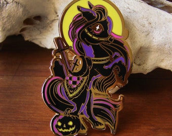 May include: A Halloween-themed enamel pin featuring a stylized pony with black, purple, and gold accents. The pony holds a sword and a jack-o'-lantern. The pin has a yellow halo and a gold border.