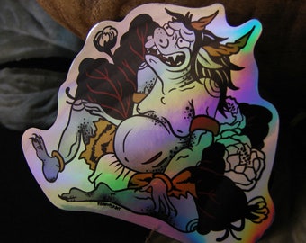Holo Oni Sticker holographic vinyl sticker tattoo art Japanese demon yokai Japan folklore bumper sticker devil sticker fantasy goth