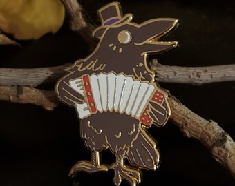 Raven Enamel Pin Halloween lapel pin vintage halloween retro cartoon spooky autumn fall musician accordion folk art animal goth