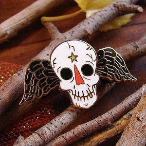 Skull Enamel Pin Memento Mori Pin Winged Skull Salem Cemetery pin graveyard pin witchcraft witch goth gothic lapel pin
