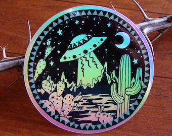 Holo Desert UFO Sticker Holograpic Area 51 X Files Alien Cactus Sonoran Desert Arizona Sci Fi Art Moon Goth Bumper Sticker Space