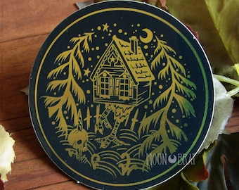 Adesivo in vinile dorato Baba Yaga - Casa della strega metallica, folklore russo, capanna, adesivo stregonesco, adesivo strega, dark fantasy, gotico, nero