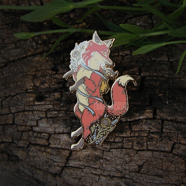 Fox Enamel Pin SECONDS fairytale cottagecore woodland animal fox illustration nature forest flower whimsical fantasy wildlife foxy image 2