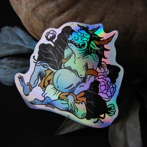 Holo Oni Sticker holographic vinyl sticker tattoo art Japanese demon yokai Japan folklore bumper sticker devil sticker fantasy goth