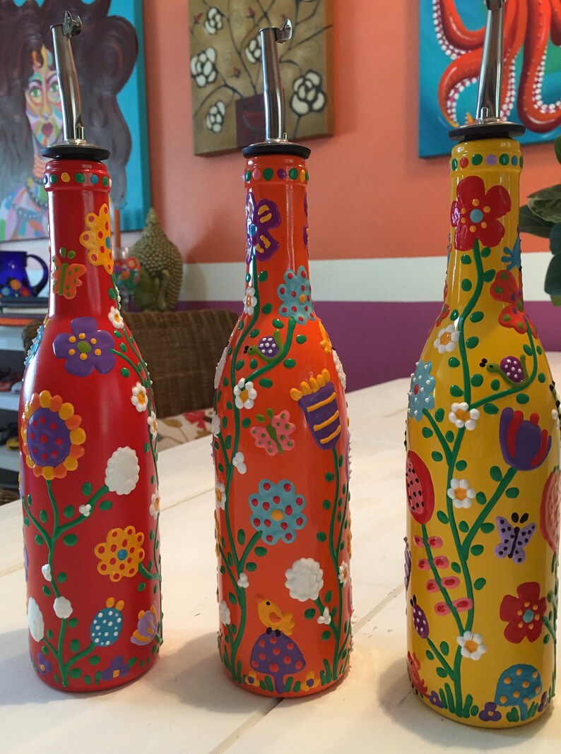Decorative Olive Oil Dispenser Bottle Hand Painted Glass Etsy