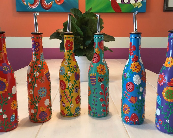 FREE SHIPPING Olive Oil Bottle; Oil Dispenser Bottle; Glads Oil Bottles; Oil and Vinegar Bottles; Hand Painted Oil Bottles