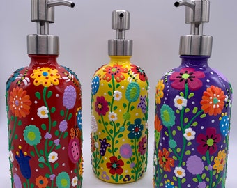 FREE SHIPPING Glass Soap Bottles with Pump Dispenser; Hand Painted Glass Bottles with Pumps for Liquid Soap; Soap Pump Bottle