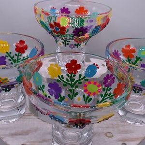 Set of Two Hand Painted Stemless Margarita Glasses; 16 ounce Colorful Margarita Glasses; Floral Margarita Glass