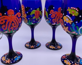 Hand Painted Cobalt Blue Wine Glasses with Colorful Sea Life