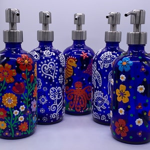 FREE SHIPPING Cobalt Blue Bottles with Pump Dispenser; Hand Painted Blue Bottles with Pumps for Liquid Soap; Blue Soap Pump Bottle