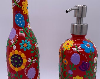 FREE SHIPPING Matching Olive Oil and Soap Bottles for Kitchen; Oil and Soap Dispensers Set; Red Floral Oil and Soap Bottles