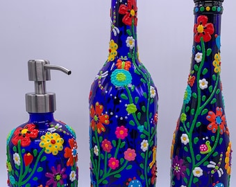 Whimsical Garden Cobalt Blue Glass Bottles for Oils, Vinegars, Soaps, and Water  Hand Painted Glass Bottles with Colorful Garden Designs