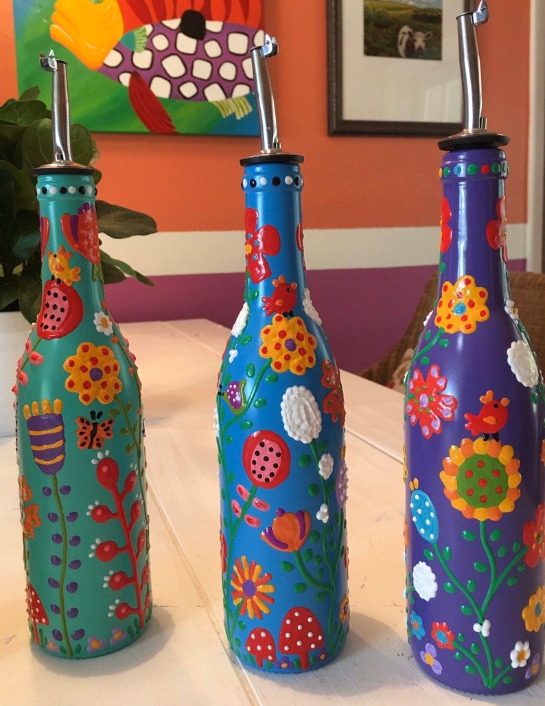 Decorative Olive Oil Dispenser Bottle Hand Painted Glass Etsy
