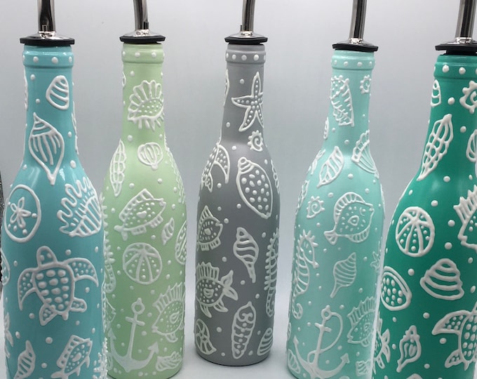 Medium Size Glass Olive Oil  Bottle with Sea Life Designs; Hand Painted Glass Bottles for Oils, Vinegars; Olive Oil Dispenser Bottle