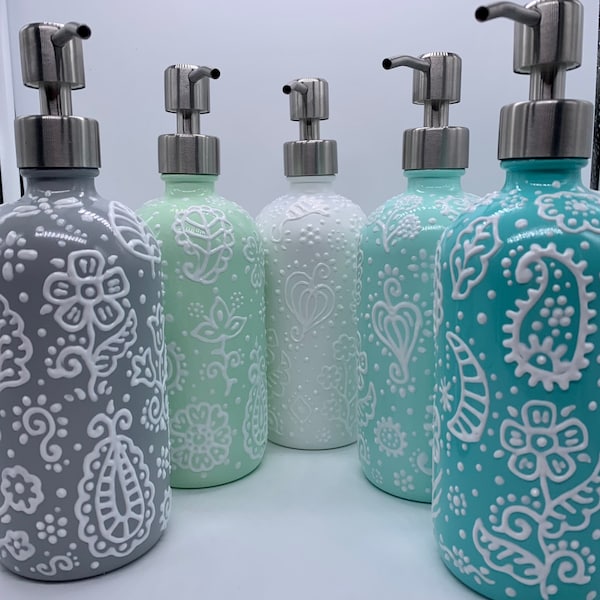 FREE SHIPPING Glass Soap Bottles with Pump Dispenser; Hand Painted Bottles with Stainless Steel Pumps for Liquid Soap;