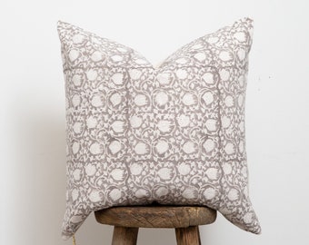 Grey Floral Block Print Pillow Cover - No.11