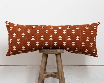 14 x 36 Mudcloth Lumbar Pillow Cover - Rust Double Triangles (White Triangles) | Bed Pillow