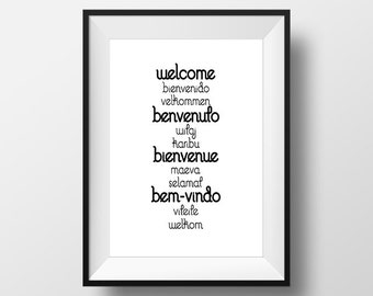Welcome Bienvenue Poster,Printable Home Decor, Wall Art, Soggiorno, Casa, Frasi, Citazioni, Italiano, Bianco e Nero, That'sAPoster