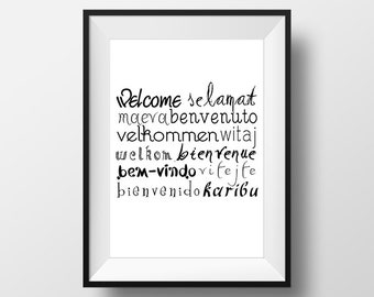 Welcome Bienvenue Poster,Printable Home Decor, Wall Art, Soggiorno, Casa, Frasi, Citazioni, Italiano, Bianco e Nero, That'sAPoster