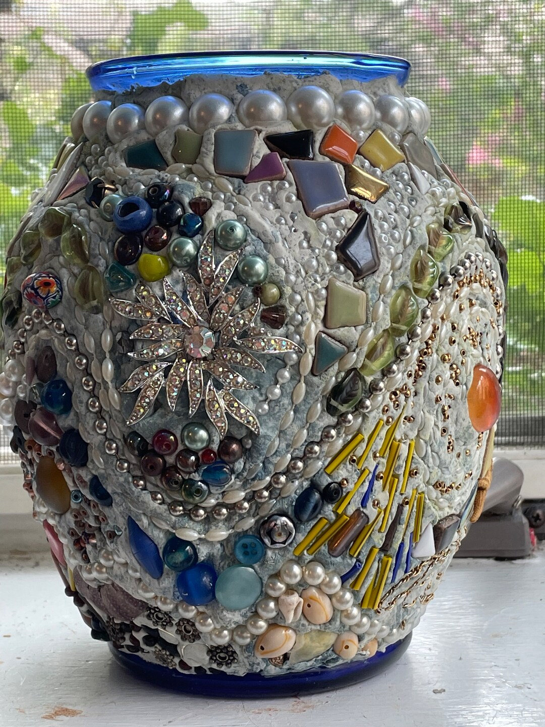 Blue Glass Vase Covered in Beads and Jewels Etsy